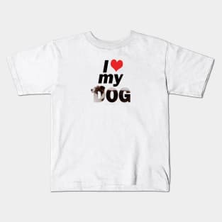 I love (heart) my dog - brown and white collie in snow oil painting word art Kids T-Shirt